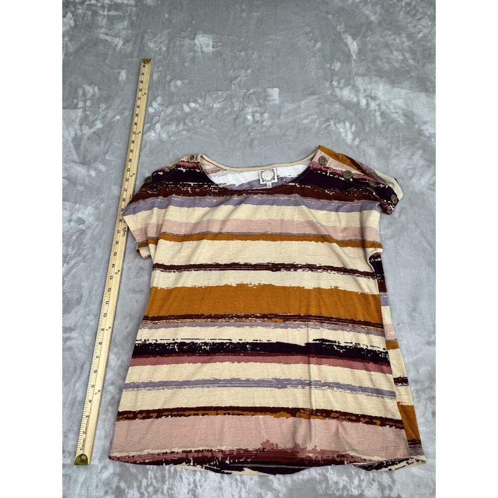 Truself Womens Shirt L Brown Striped Short Sleeve Round Neck Purple Polyester